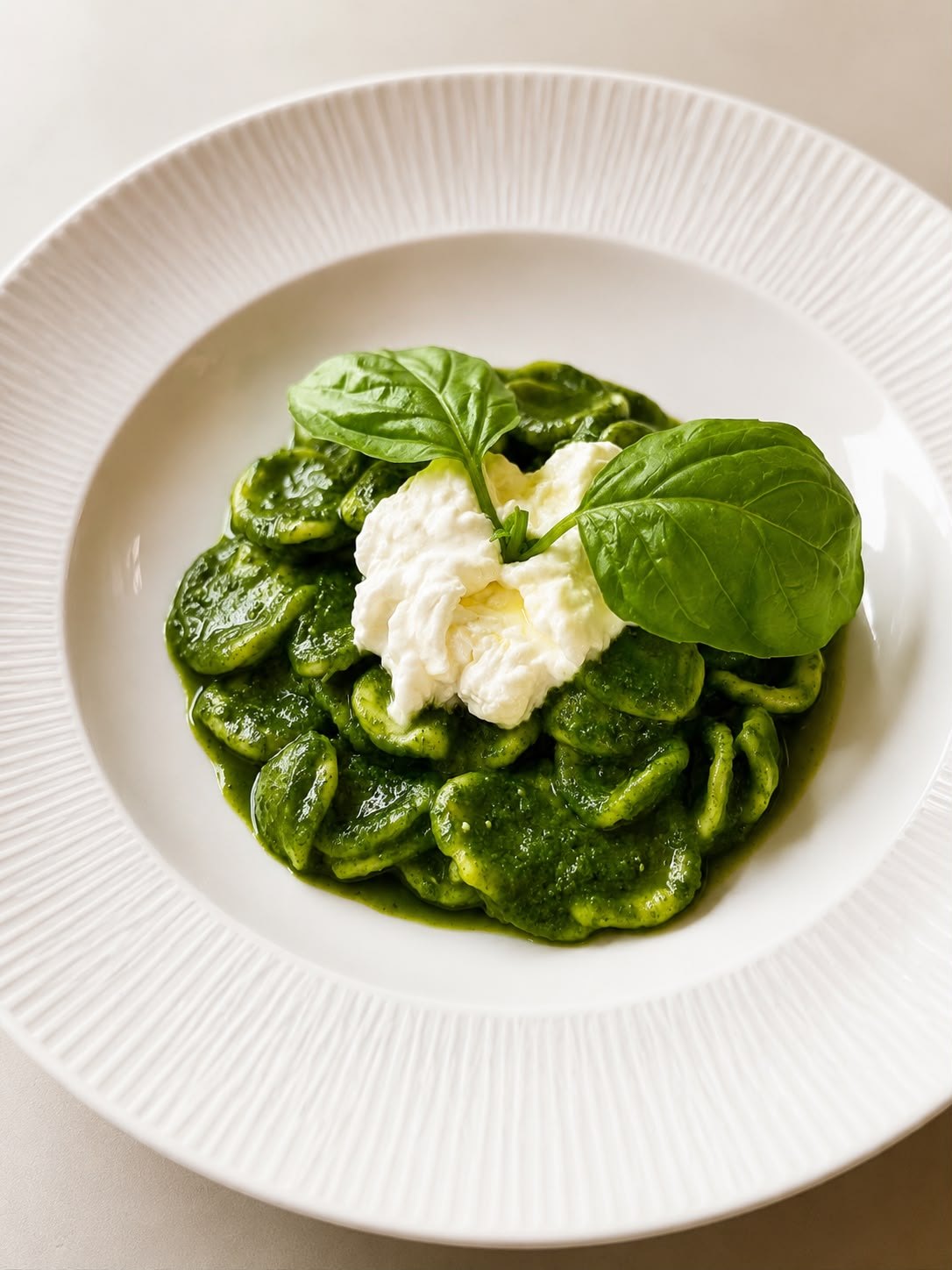 Orecchiette con condimento verde e burrata, cucina pugliese in Valle d'Itria